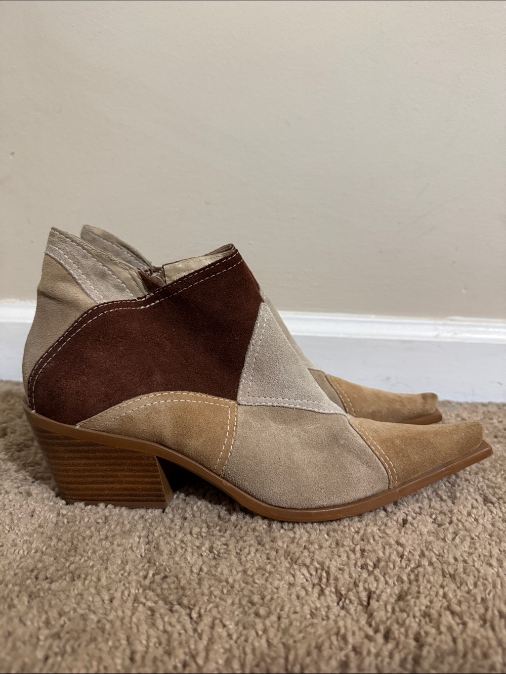 90's To The Maxx Patchwork Suede Ankle Boots Tan & Brown size 7.5 Western Rodeo - Picture 2 of 8